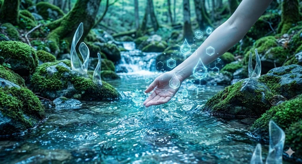 신장의 해독 작용을 상징하는 맑은 물과 정화된 에너지를 느끼는 여성