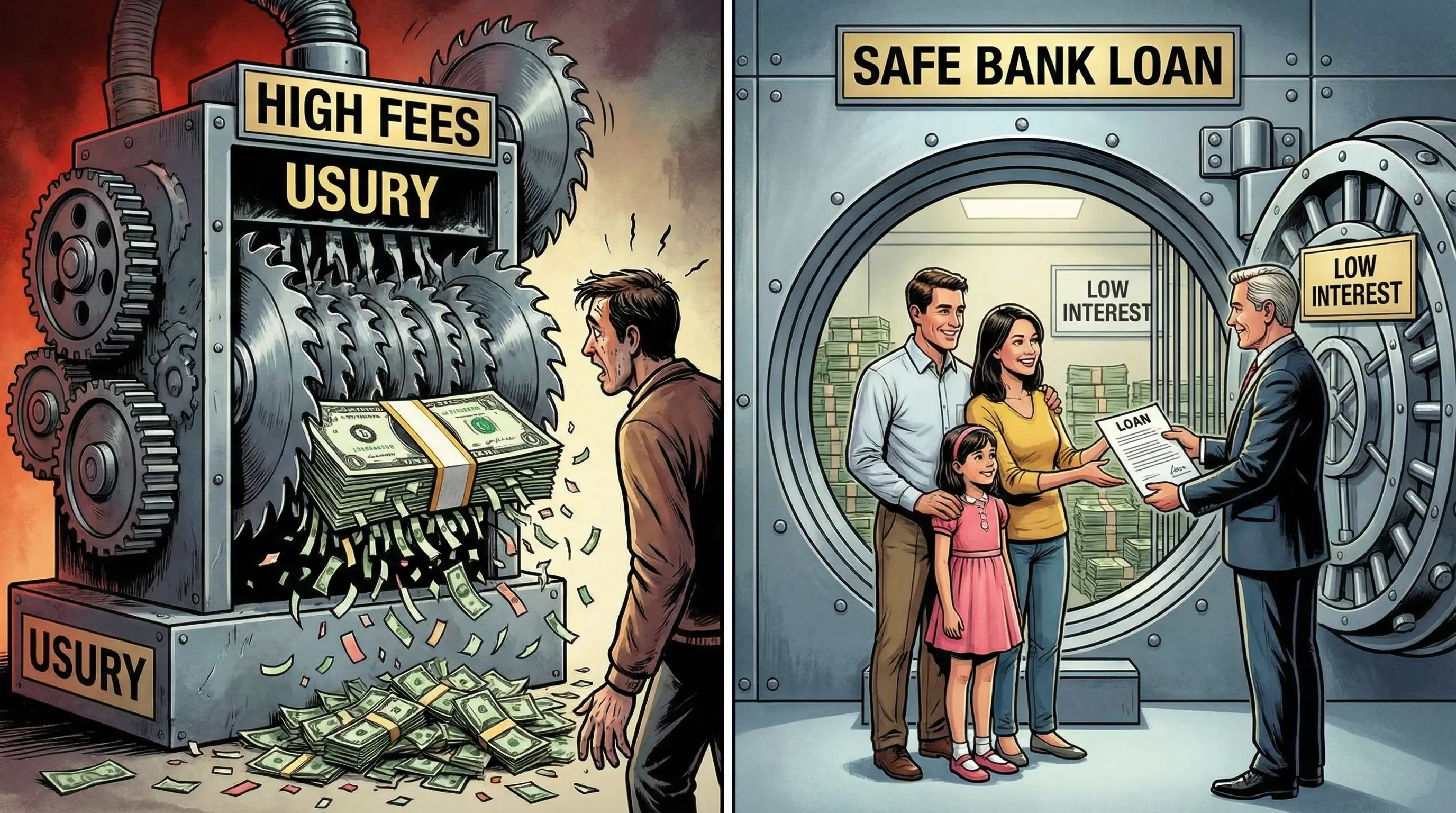 높은 수수료로 돈이 잘려나가는 모습과 안전한 은행 대출을 비교하는 이미지