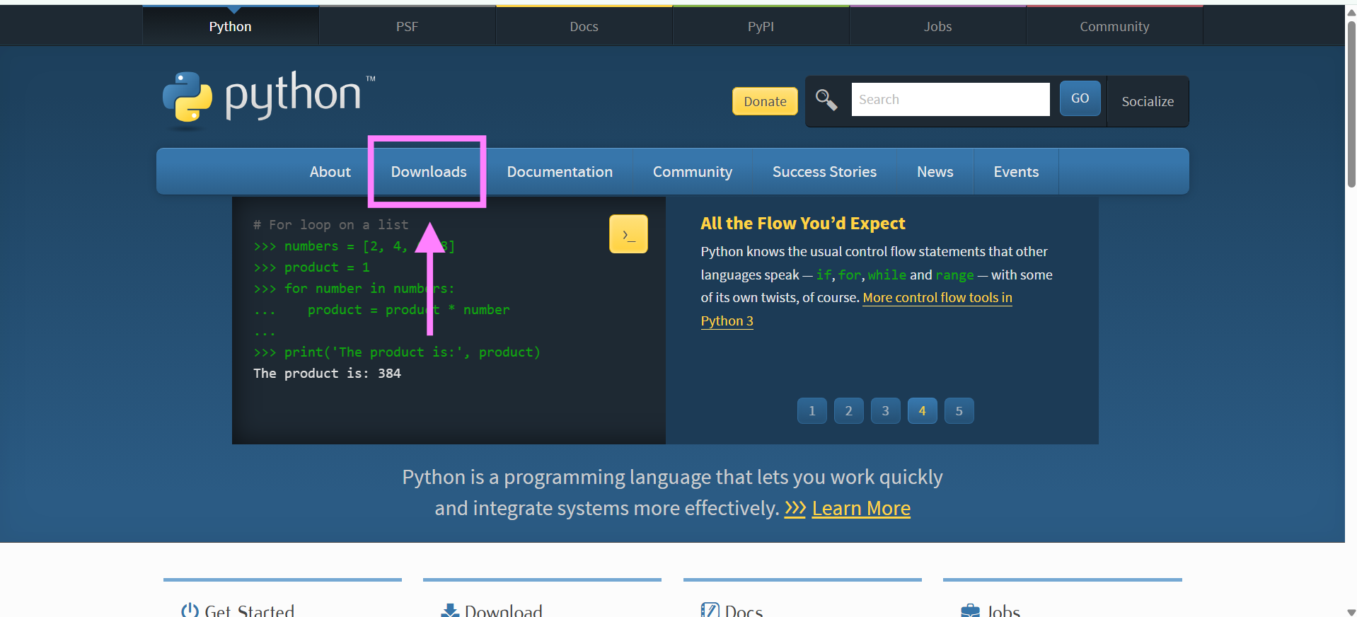 방법 4: 파이썬 공식 사이트에서 Downloads 선택하기