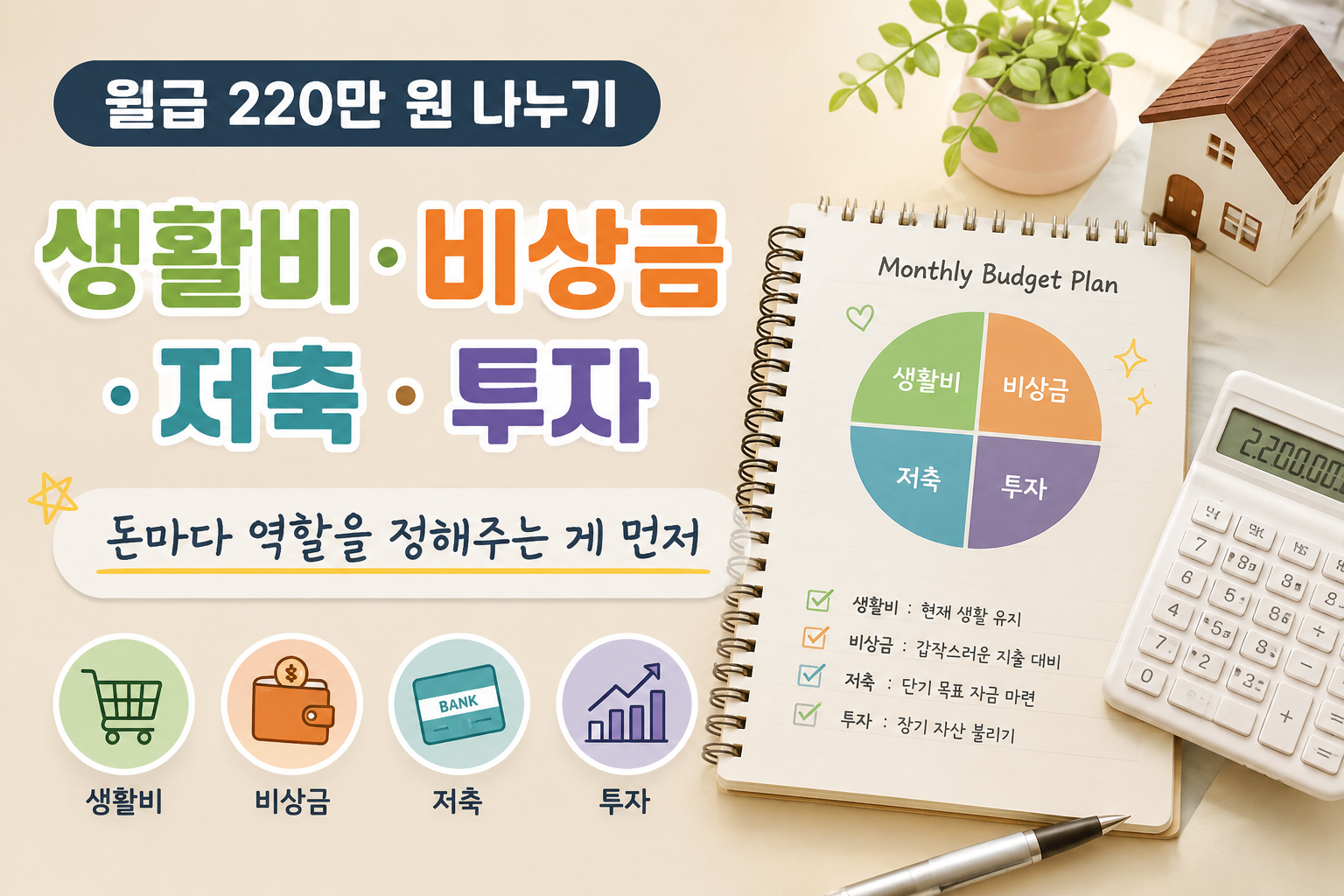 월급 220만 원을 생활비 비상금 저축 투자로 나누는 돈관리 이미지