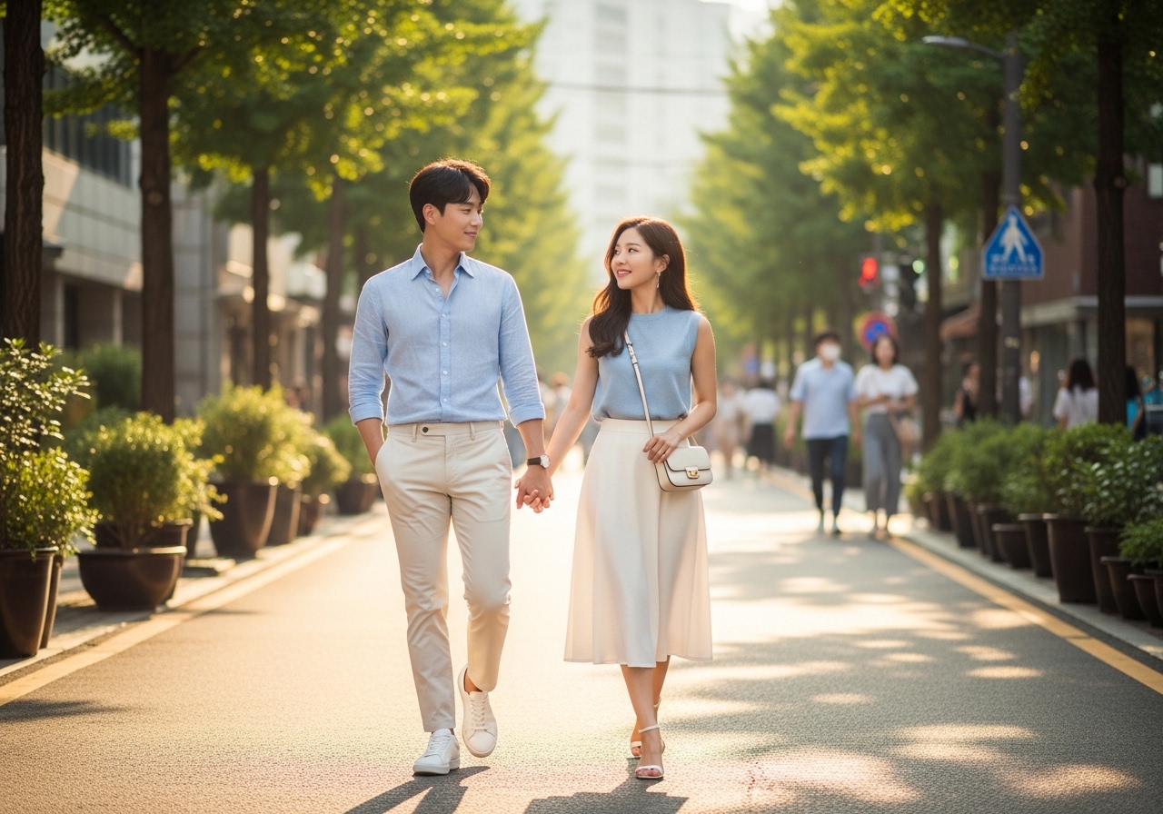 산뜻한 여름 거리에서 커플이 함께 걸어가는 데이트룩 모습
내용: 색감만 맞춰도 분위기가 달라지는 여름 커플룩, 지금부터 핵심 포인트 공개!