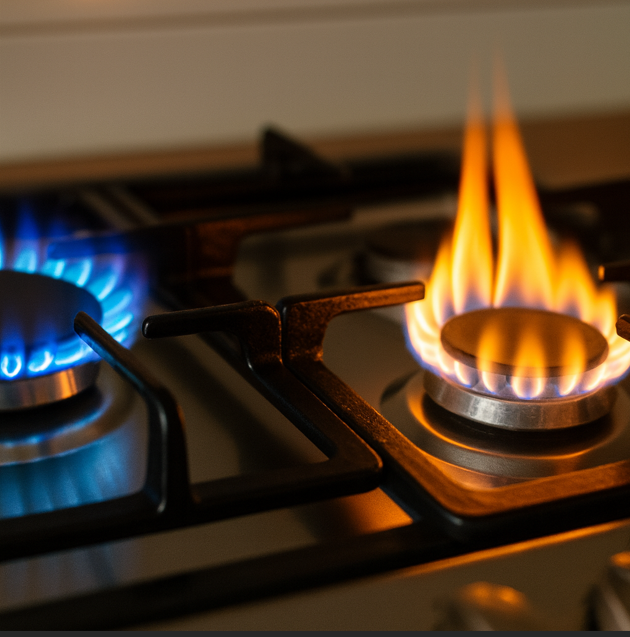 파란 불꽃과 붉은 불꽃을 내며 연소되는 가스레인지