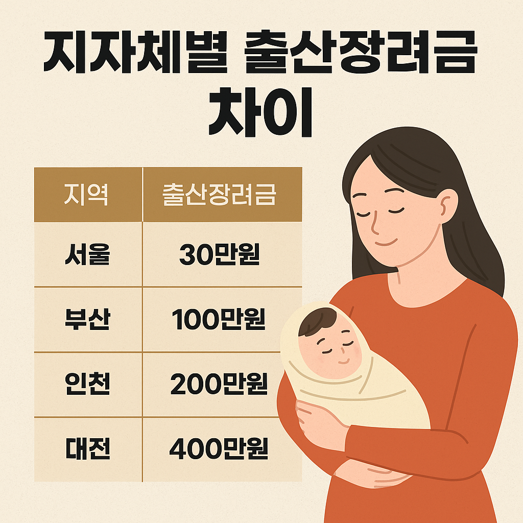 서울&amp;#44; 부산&amp;#44; 인천&amp;#44; 대전 등 주요 지자체별 출산장려금 금액을 비교한 표와 엄마 일러스트