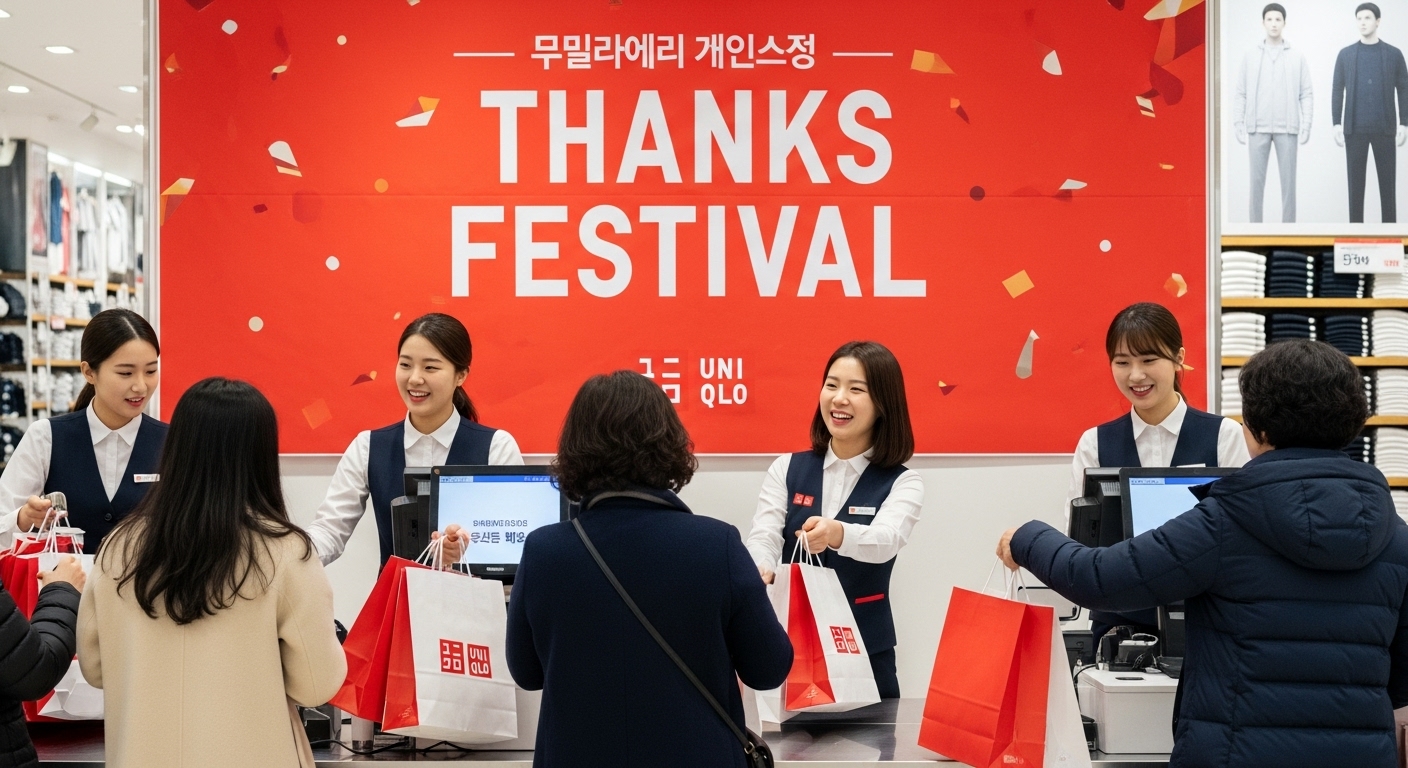 유니클로 로고와 함께 'Thanks Festival' 문구가 적힌 쇼핑몰에서 계산하는 사람들