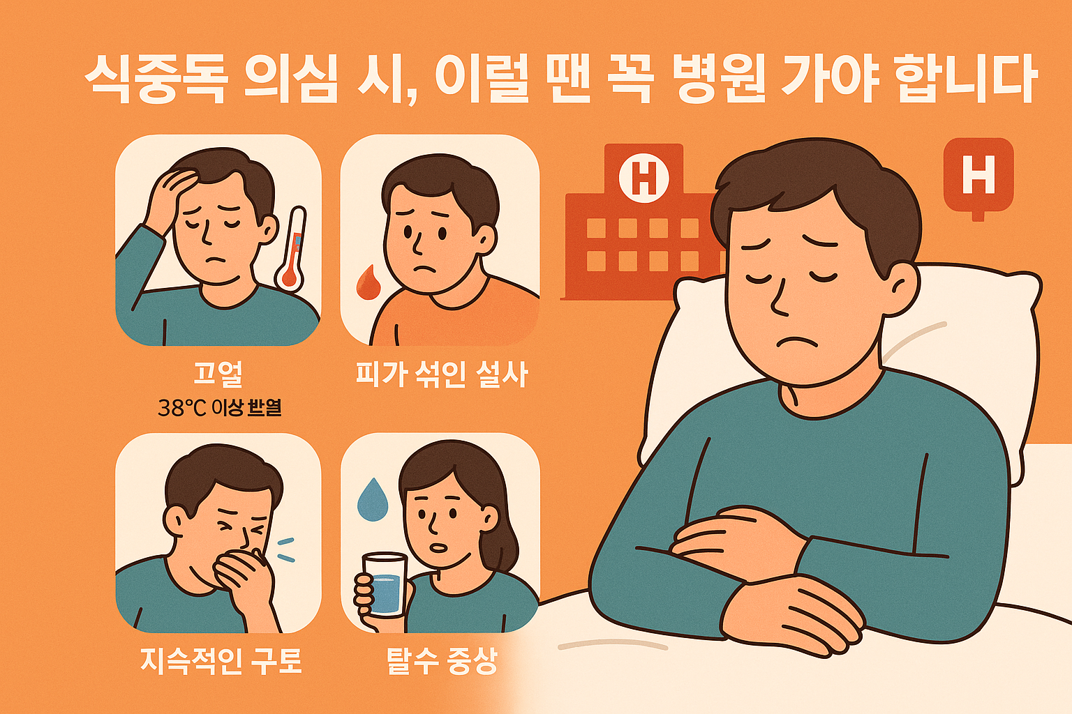 식중독 증상 중 병원 진료가 필요한 상황을 설명한 인포그래픽