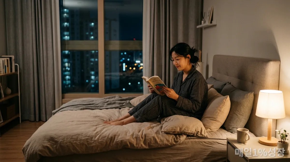 퇴근 후 침대에서 독서하며 휴식하는 한국인 직장인