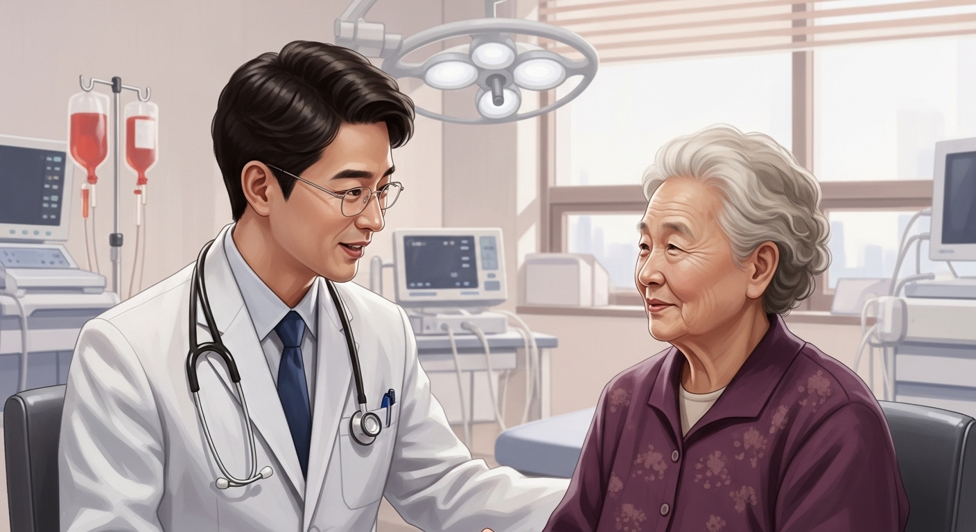 인공신장실에서 환자와 눈을 맞추며 친절하게 상담하는 의사 세미리얼 일러스트