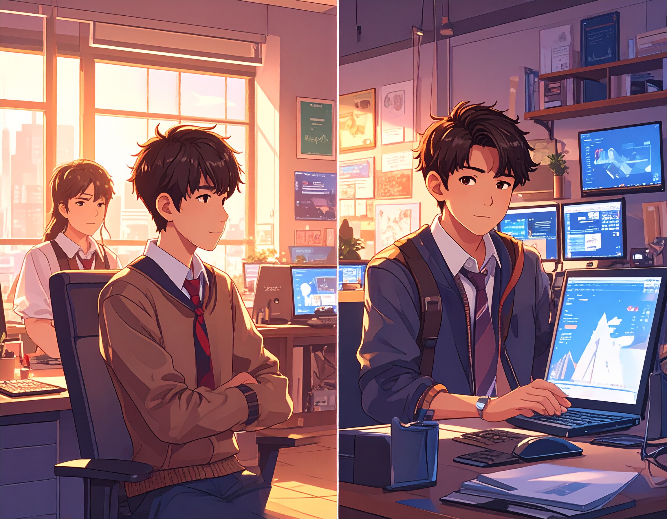 왼쪽은 교복 입은 고민하는 10대, 오른쪽은 여러 모니터로 클라이언트 프로젝트 관리하는 자신감 넘치는 창업가