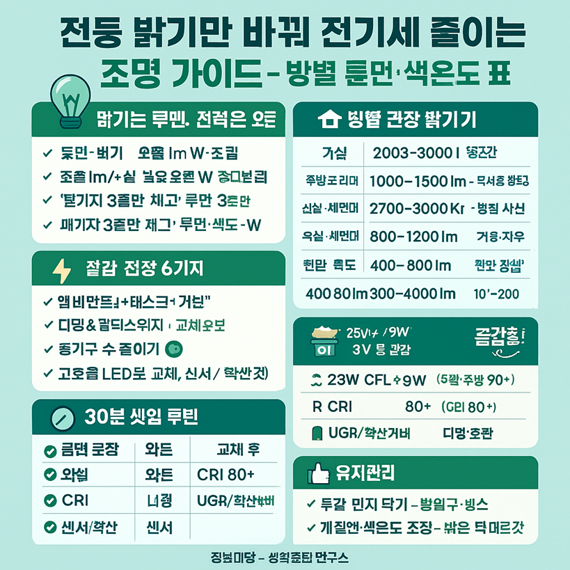 전등 밝기만 바꿔 전기세 줄이는 조명 가이드, 방별 루멘&middot;색온도 표