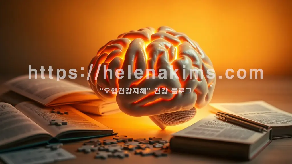 부드러운 빛이 비추는 뇌 모양의 오브제. 일부는 선명하고 일부는 흐릿하여 경도인지장애의 미묘함을 표현. 주변에 책, 퍼즐 조각 등 지적 활동을 상징하는 요소들이 놓여있는 이미지