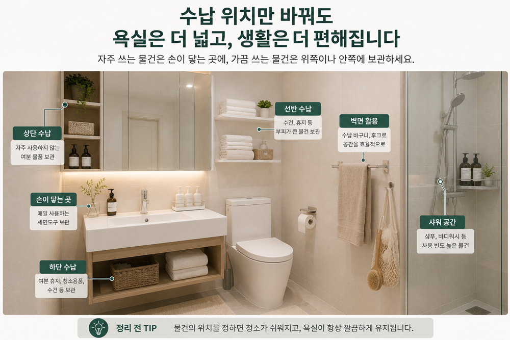 욕실 수납 위치별 공간 활용 가이드. 벽면 선반, 세면대 하부장, 코너 수납을 효율적으로 배치해 좁은 욕실을 넓게 사용하는 공간 활용 방법