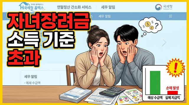 자녀장려금 소득 기준 초과 시 감액과 손해 규모를 설명하는 금융 정보 썸네일