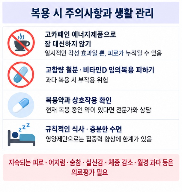 수험생이 고카페인 에너지 제품 고함량 철분 비타민D 중복 영양제를 피하고 피로 증상을 확인하는 체크리스트 이미지