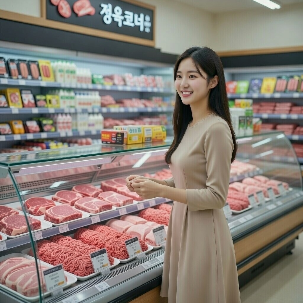 20대 여성이 마트 정육코너에서 소고기 보고 있는 모습