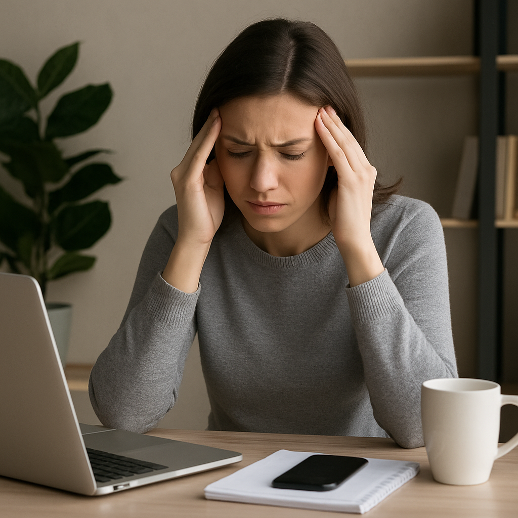 노트북과-커피잔이-있는-책상에서-앉아-두통으로-고통스러워하는-여성의-모습으로-잦은-두통의-생활습관적-원인을-잘-나타낸-이미지