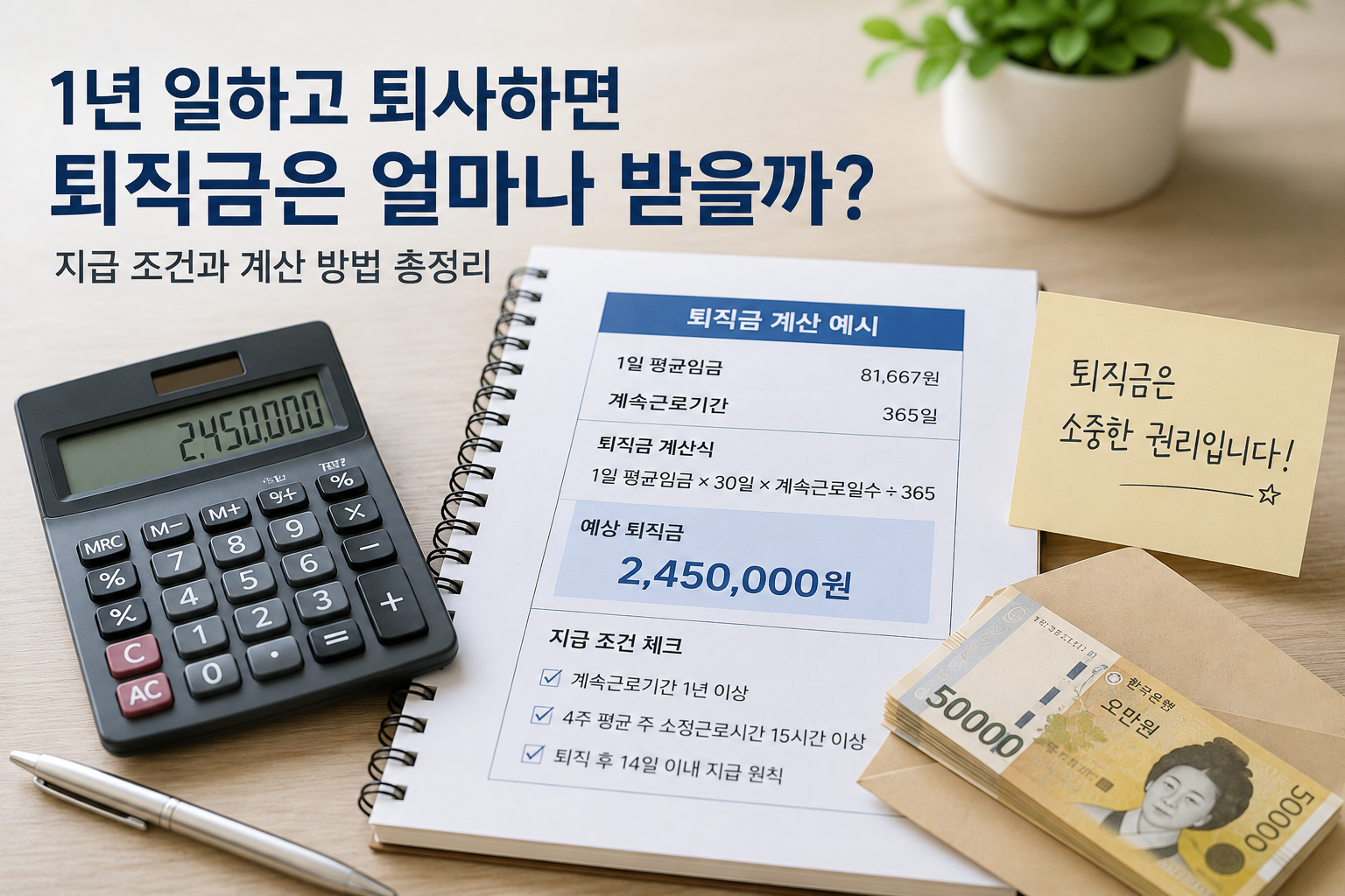 1년 근무 후 퇴직금 지급 조건과 예상 금액을 계산하는 자료