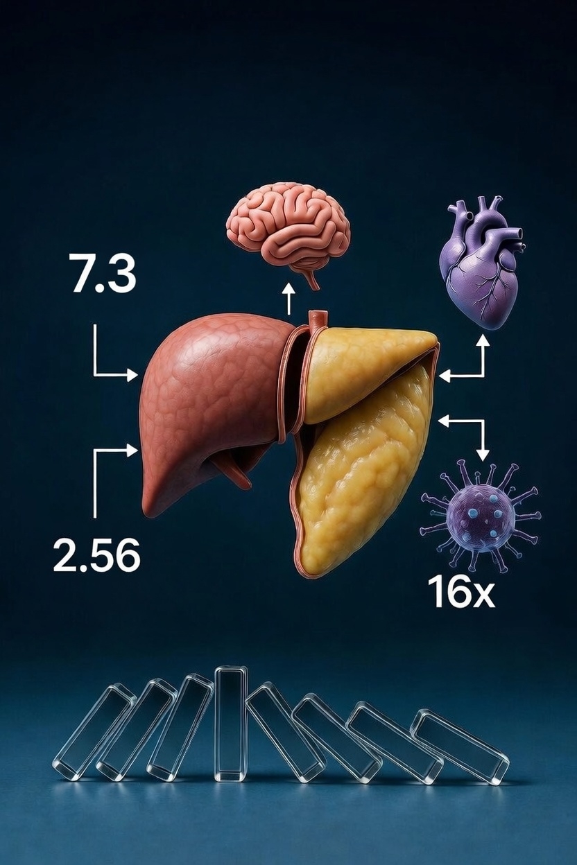 지방간이 뇌 노화(7.3년), 심혈관 사고(2.56배), 간암 위험(16배)에 미치는 도미노 효과를 보여주는 인포그래픽 이미지