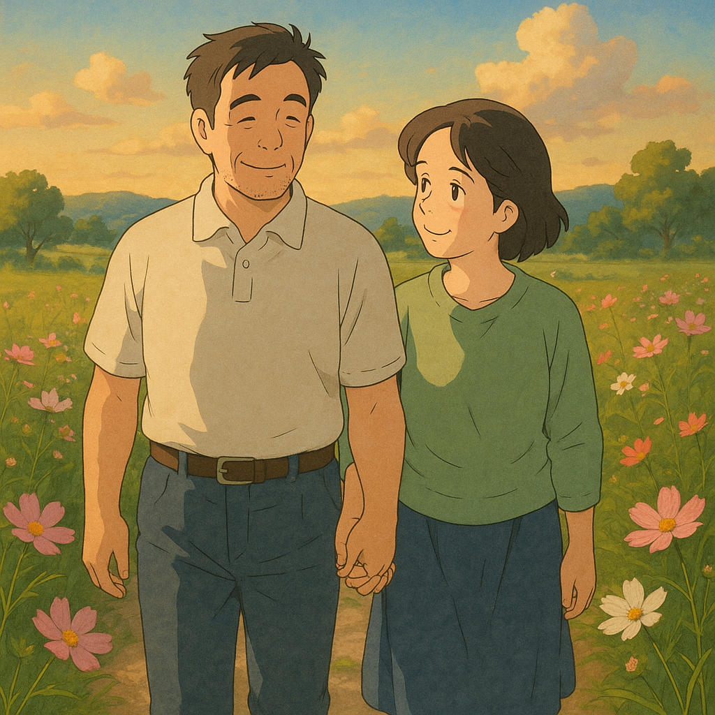 부부가 함께 산책하는 모습을 지브리 스타일로 표현해줘. 사랑스럽고 평화로운 분위기로