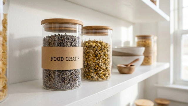 식용 등급 건조 라벤더가 담긴 유리병과 크래프트 라벨이 있는 현대적 팬트리