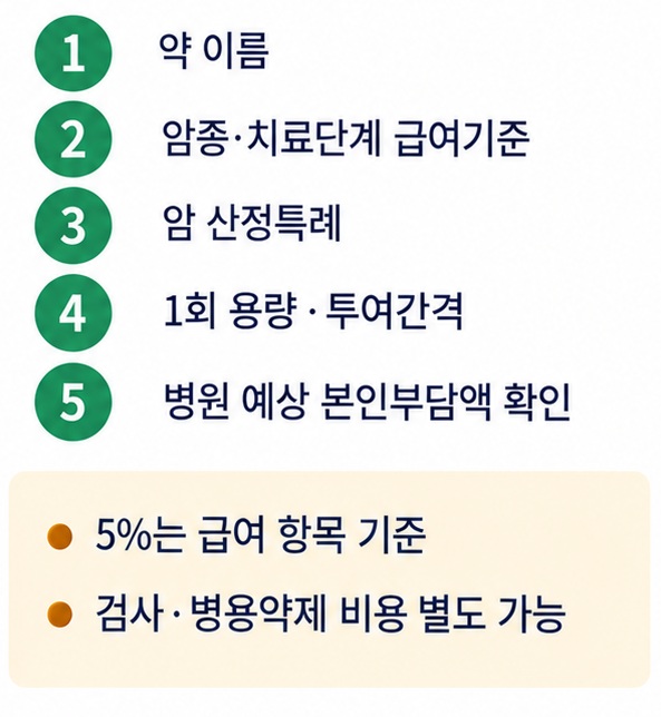 면역항암제 치료비를 약 이름 급여기준 산정특례 투여 용량 병원 예상비용 순서로 확인하는 방법을 보여주는 이미지