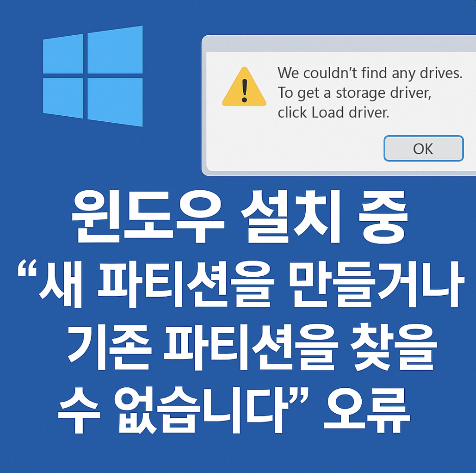 윈도우 설치 중 "새 파티션을 만들거나 기존 파티션을 찾을 수 없습니다" 오류