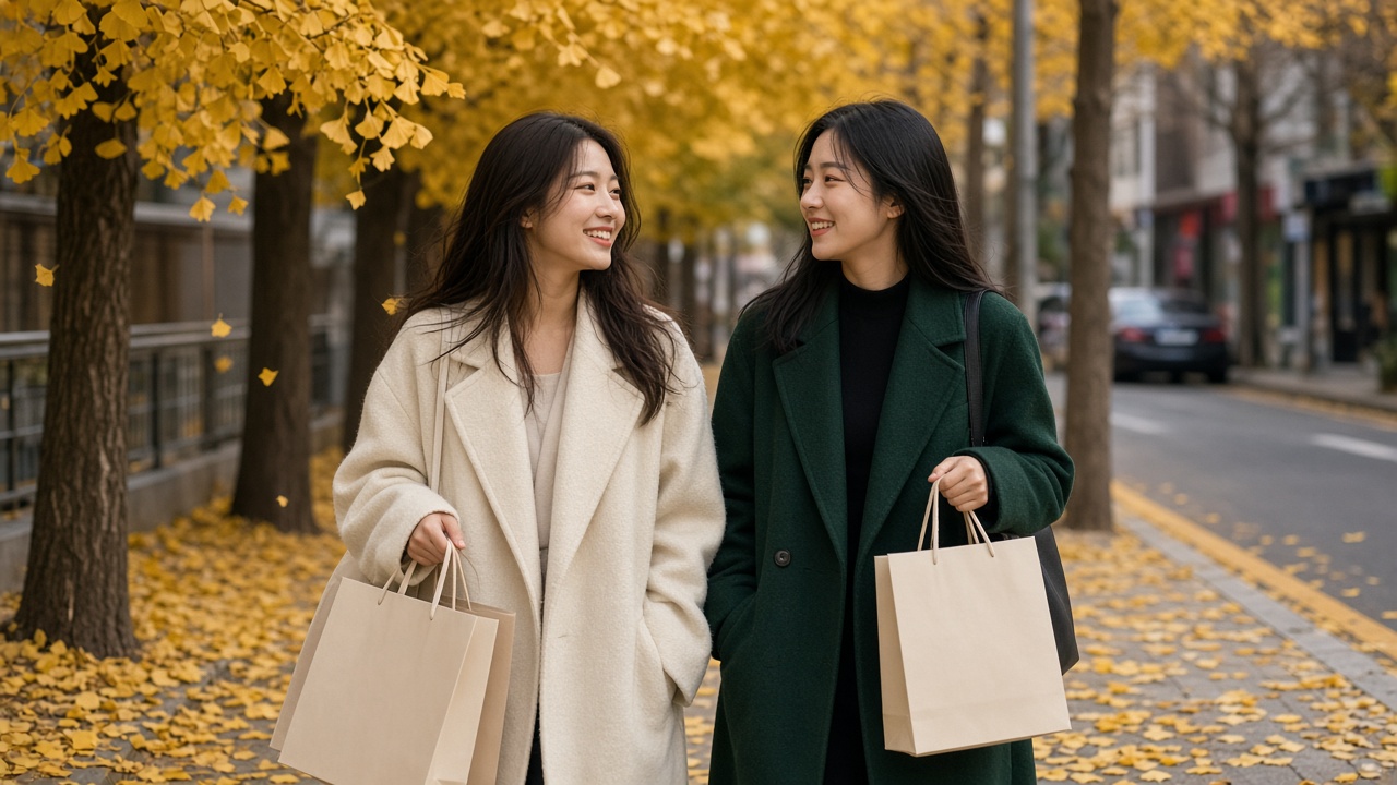 쇼핑백을 들고 가을 거리를 걷는 20대 한국인 친구 두 명