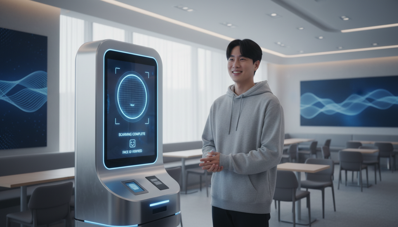 2026년 최신형 키오스크에서 토스 페이스페이로 얼굴 인식을 통해 간편하게 결제를 진행하고 있는 사용자의 모습