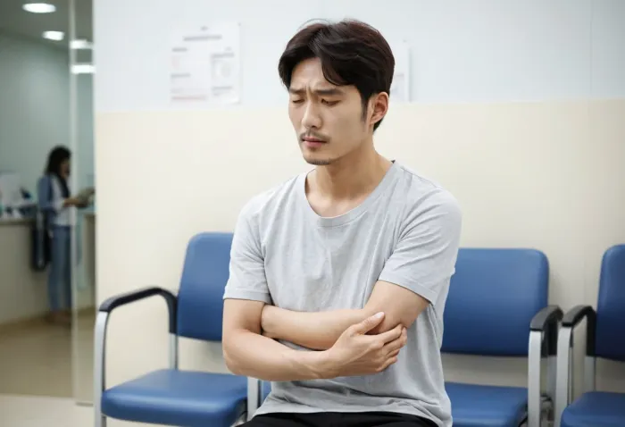 dna주사 후 어깨를 부드럽게 감싸고 있는 모습