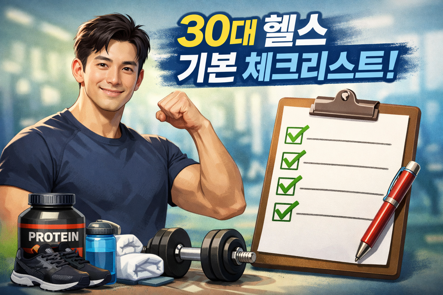 30대 헬스 운동을 꾸준히 지속하기 위한 기본 기준과 체크리스트를 시각적으로 정리한 이미지
