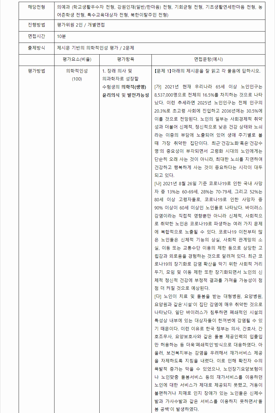 2024학년도 연세대학교(미래) 학생부종합전형 면접평가 의예과 면접문항(예시)