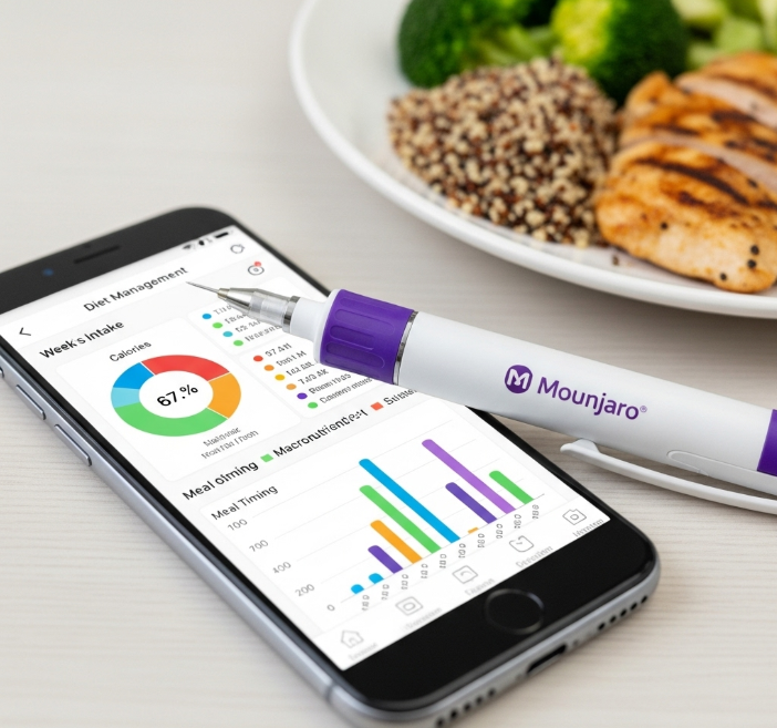 식단 관리가 기록된 스마트폰 화면, 그 옆에 놓인 마운자로 주사펜. 올바른 식습관과 약물 치료의 병행을 보여주는 모습