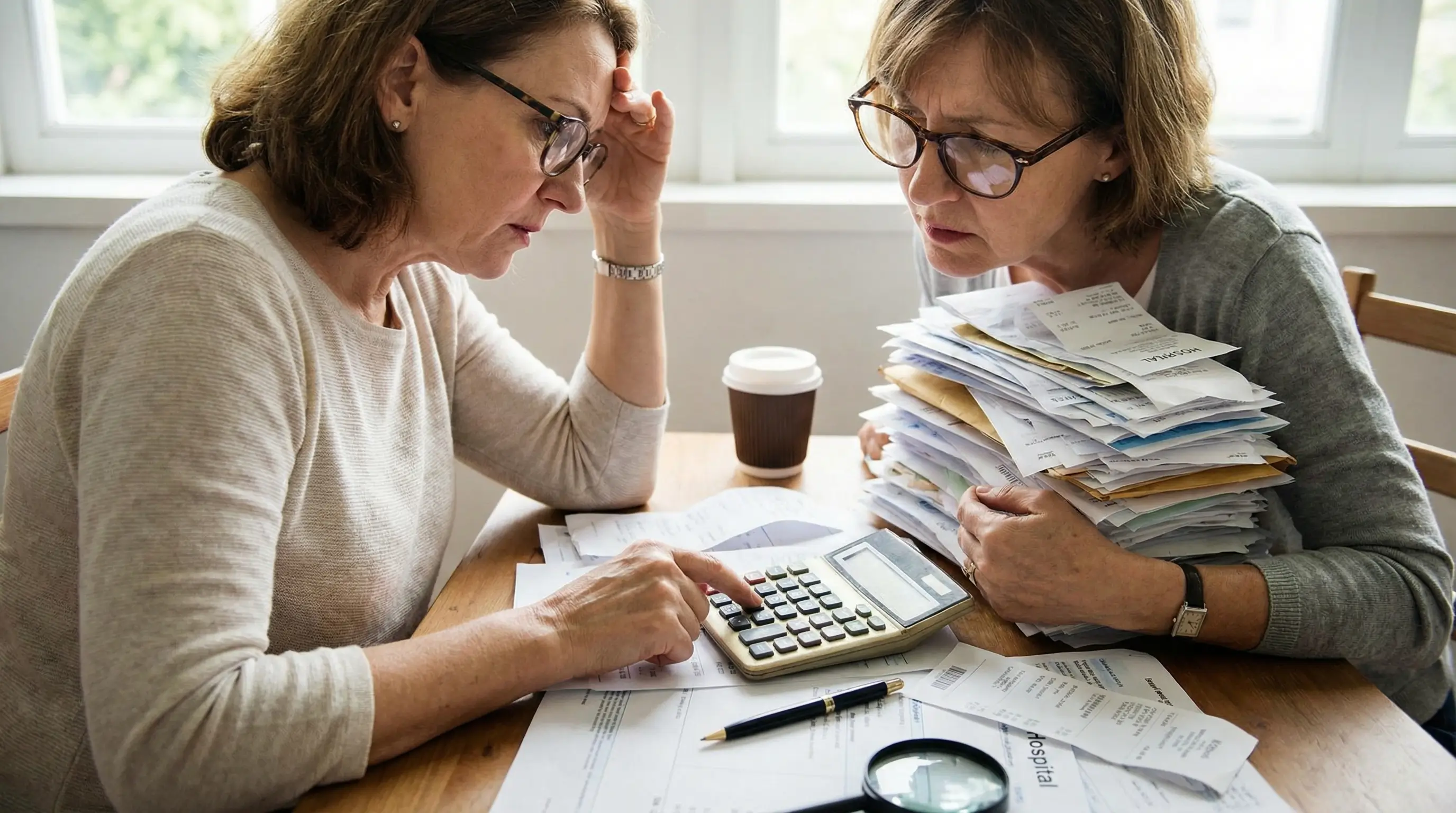 책상 위에 쌓인 병원 진료비 영수증과 계산기를 두드리며 금액을 확인하는 모습