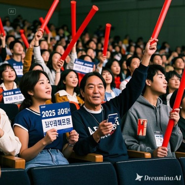 팬들이 경희대학교 평화의전당 콘서트홀에서 응원봉과 플래카드를 들고 2025 한일가왕전 출연진 무대를 보는 모습, 좌석 안내 표, 모바일예매 화면