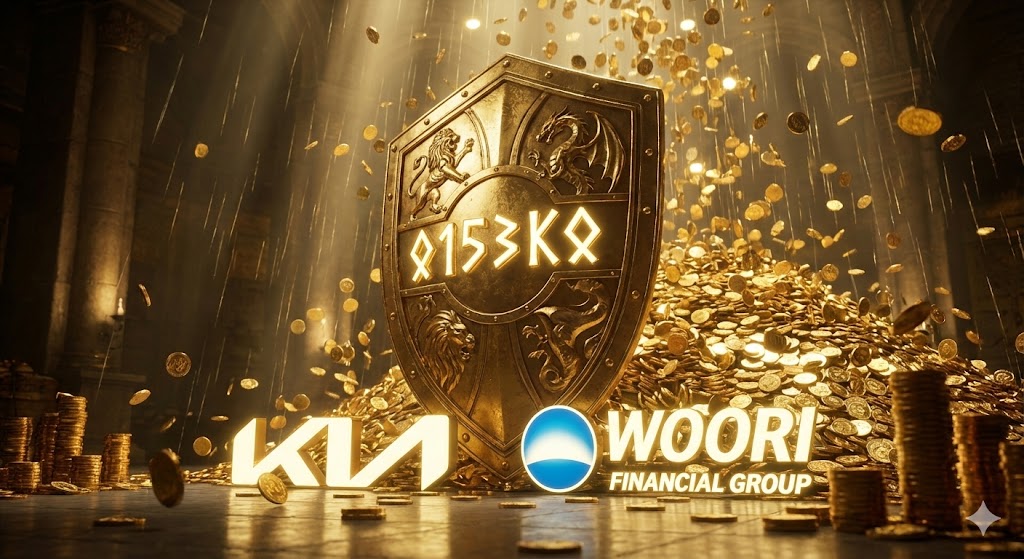 0153K0 코드가 박힌 황금 방패가 10개 우량 기업의 로고를 지켜주는 3D 이미지