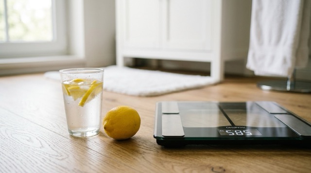 체중계와 레몬 한 컵