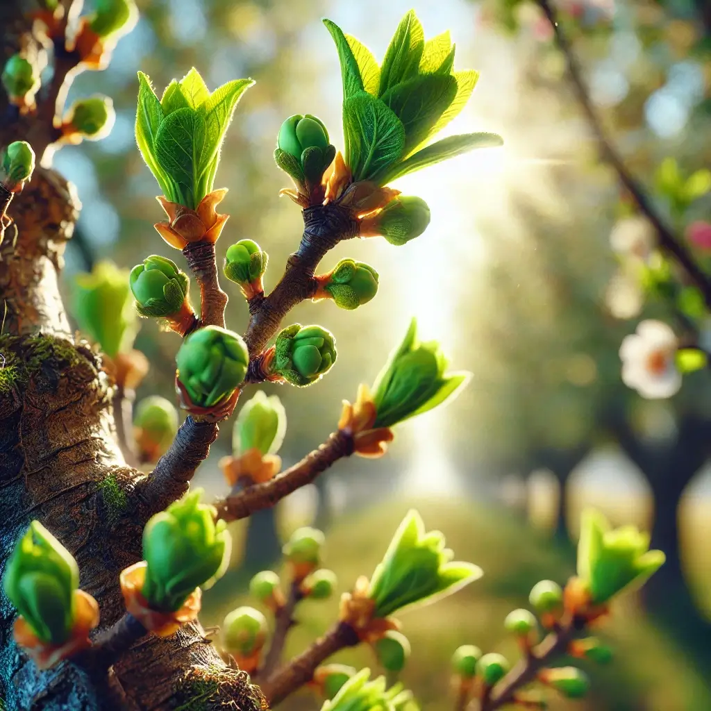 봄철 새싹이 돋아난 과실 나무의 싱그러운 모습