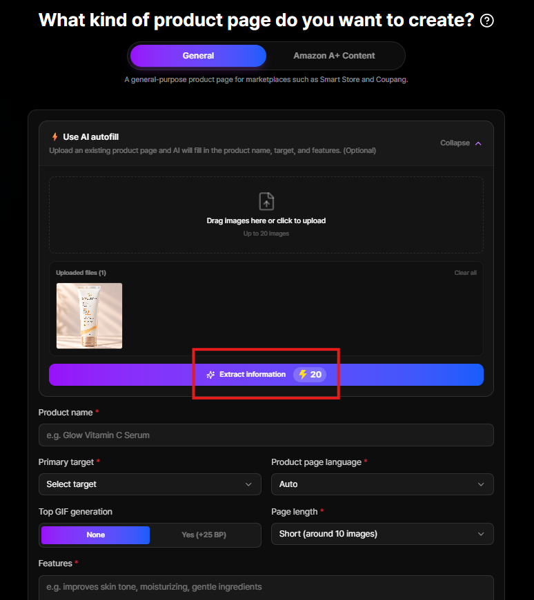 Draph Art AI detail page maker AI auto-fill - uploading one product photo to automatically extract the product name, target and features