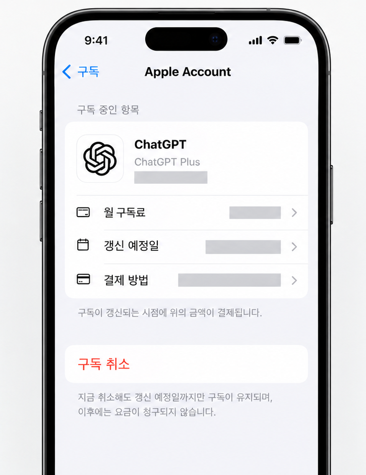 아이폰 구독 목록에서 챗GPT를 고른 화면