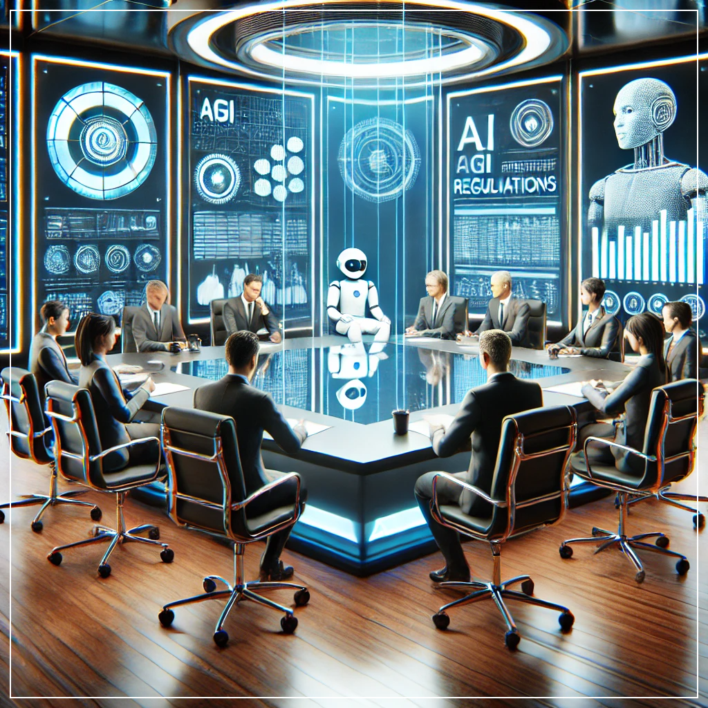 AGI의 안전성과 규제 문제를 논의하는 첨단 기술 회의실에서 미래 AI 윤리 위원들이 협의하는 모습