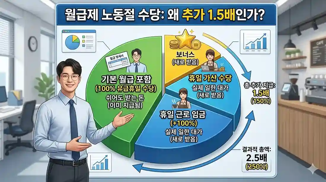 월급제 근로자의 노동절 수당 계산법을 설명하는 파이차트. 기본 월급에 포함된 유급휴일 수당(100%)을 제외하고, 실제 근로 대가(100%)와 가산 수당(50%)을 합쳐 총 1.5배(150%)가 추가 지급됨을 보여줌