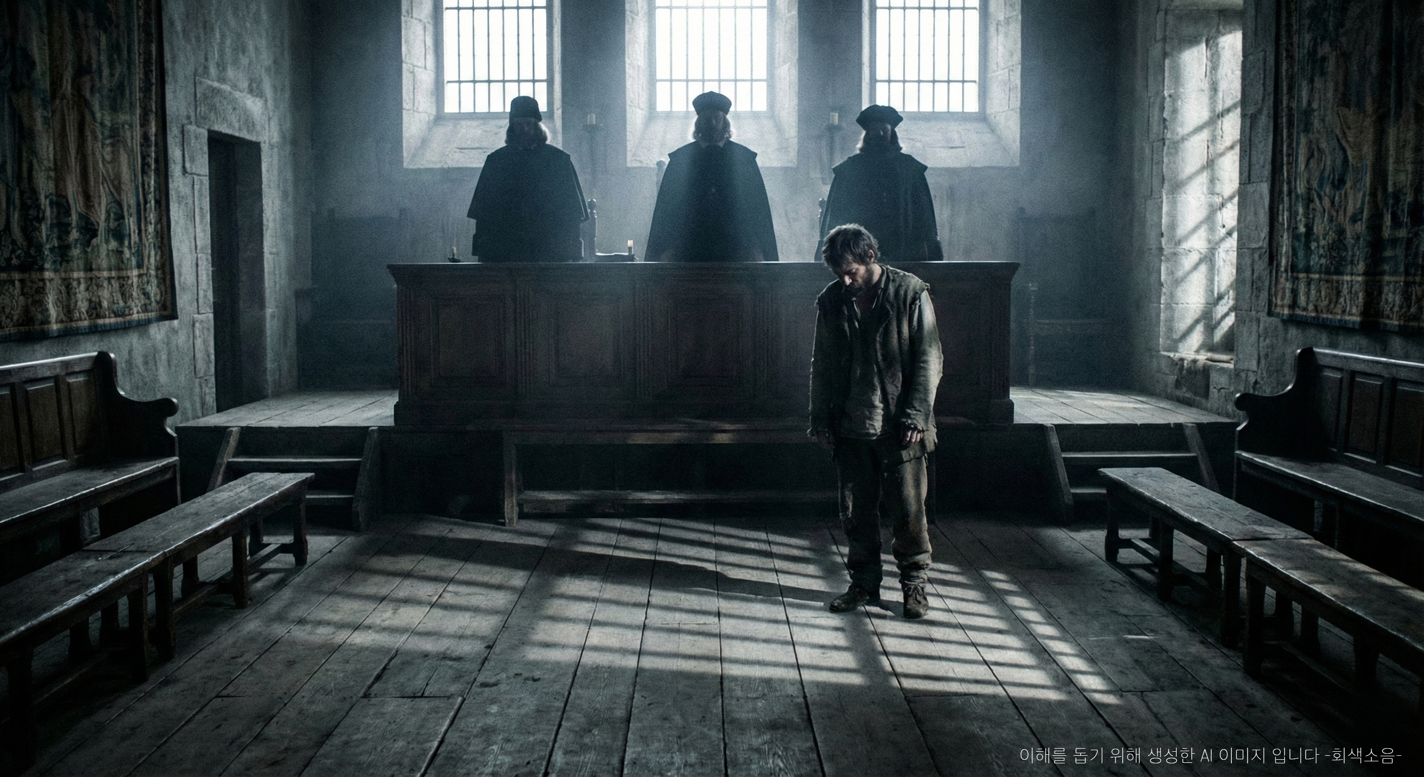 17세기 법정에서 높은 재판석의 세 판사가 창살 창문 빛에 실루엣으로 서늘하게 떠오르고, 피고인과 바닥에 날카로운 그림자가 드리운 억압적인 로우앵글 장면.