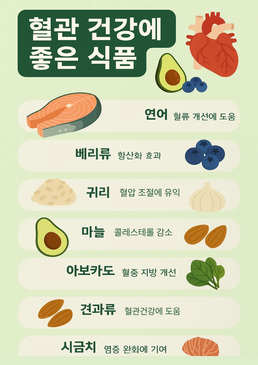 <img src="혈관건강식품_인포그래픽.png" alt="혈관 건강에 좋은 식품 인포그래픽 - 토마토, 생강, 등푸른 생선, 마늘, 견과류, 브로콜리, 석류 등 혈류 개선과 콜레스테롤 조절에 도움을 주는 음식 정리" />