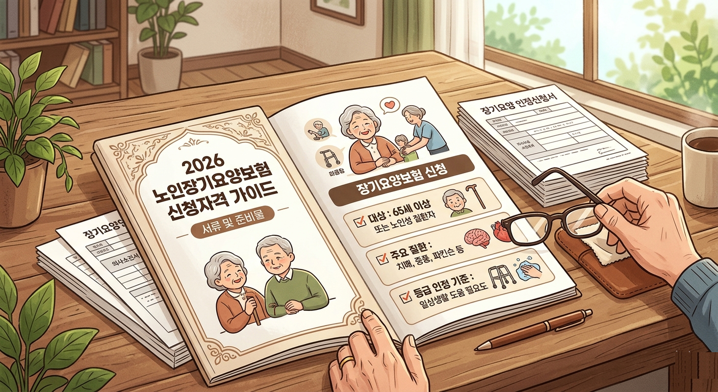 2026년 노인장기요양보험 신청자격 가이드 서류 및 안경 일러스트