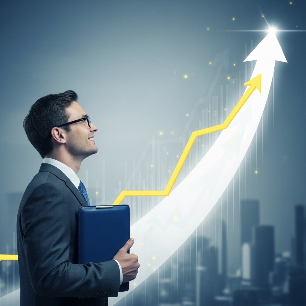 어두웠던 과거를 뒤로하고 밝은 미래를 향해 나아가는 희망찬 기업인의 모습, 사업 재기 의지와 성공을 상징합니다.