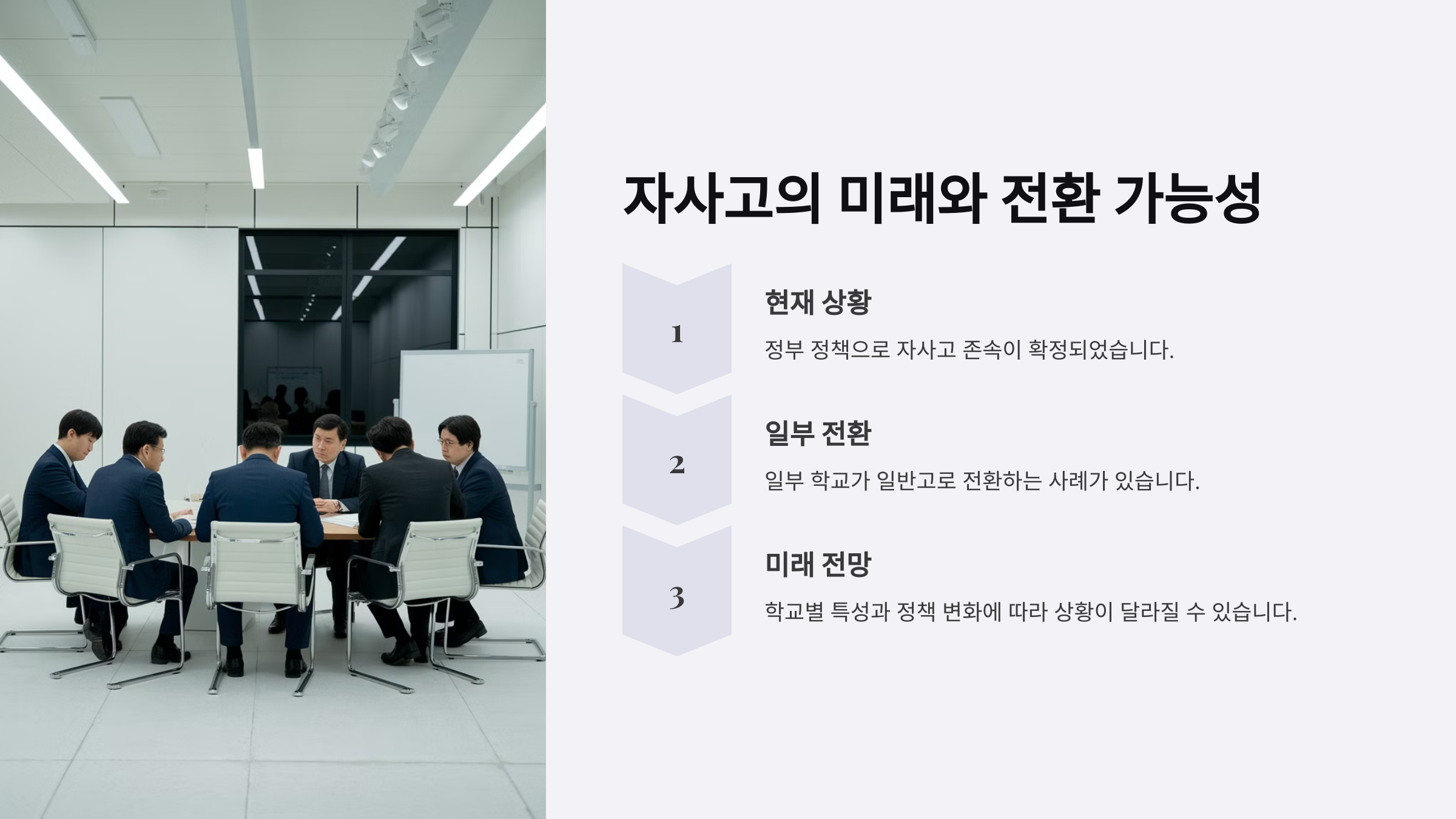자사고의 미래와 전환 가능성을 설명하는 이미지. 자사고의 현재 상황, 일부 학교의 전환 사례, 미래 전망 등을 요약한 내용 포함.