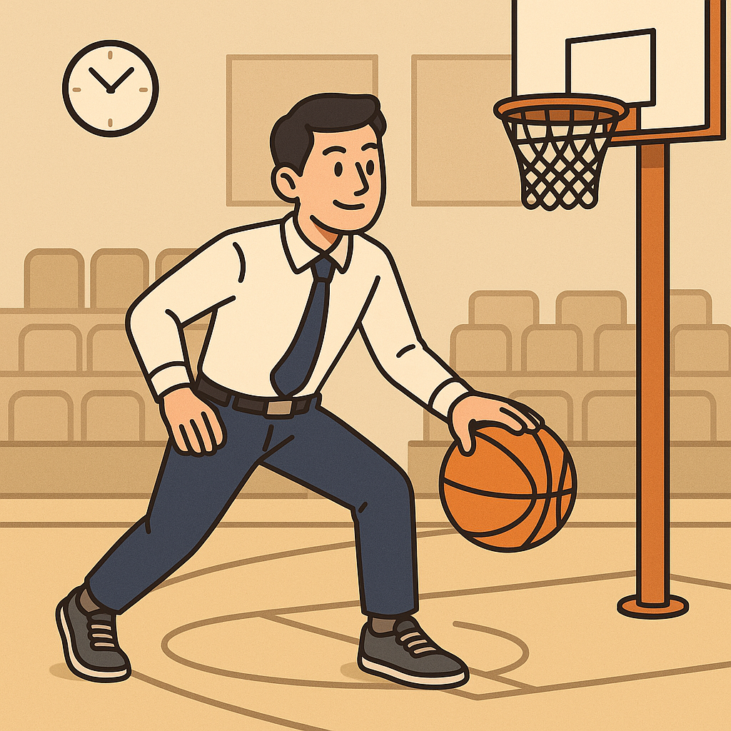 2030 직장인 농구 취미 &ndash; 정장을 입고 농구 드리블하는 직장인 일러스트