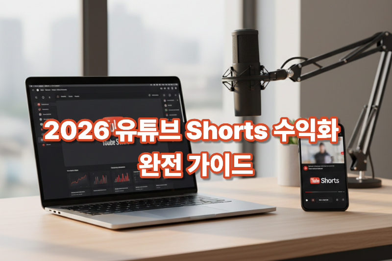 유튜브 Shorts 수익화를 상징하는 스마트폰과 유튜브 쇼츠 화면 이미지
