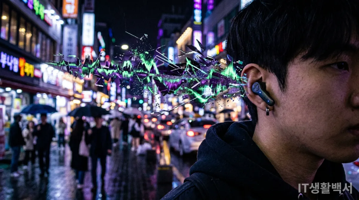 저가형 무선 이어폰에서 왜곡된 음질이 나오는 추상적인 표현