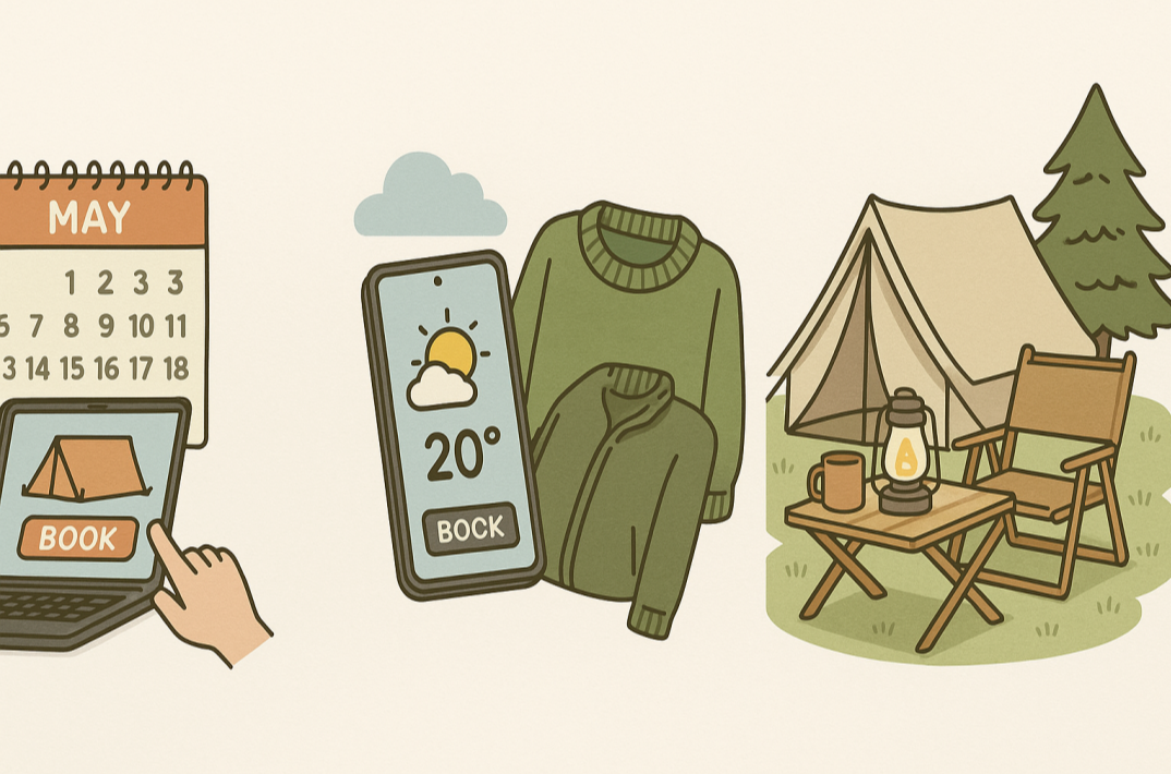 5월, 연휴나, 주말, 등 캠핑 준비 팁을 한눈에 볼 수 있는 예약, 기상 확인, 감성 아이템 일러스트