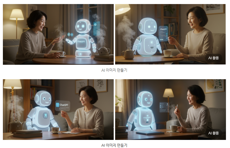 중년 여성이 챗GPT 스타일의 홀로그램 로봇과 거실에서 대화하며 웃고 있는 장면, 따뜻한 조명 아래 AI 활용 이미지